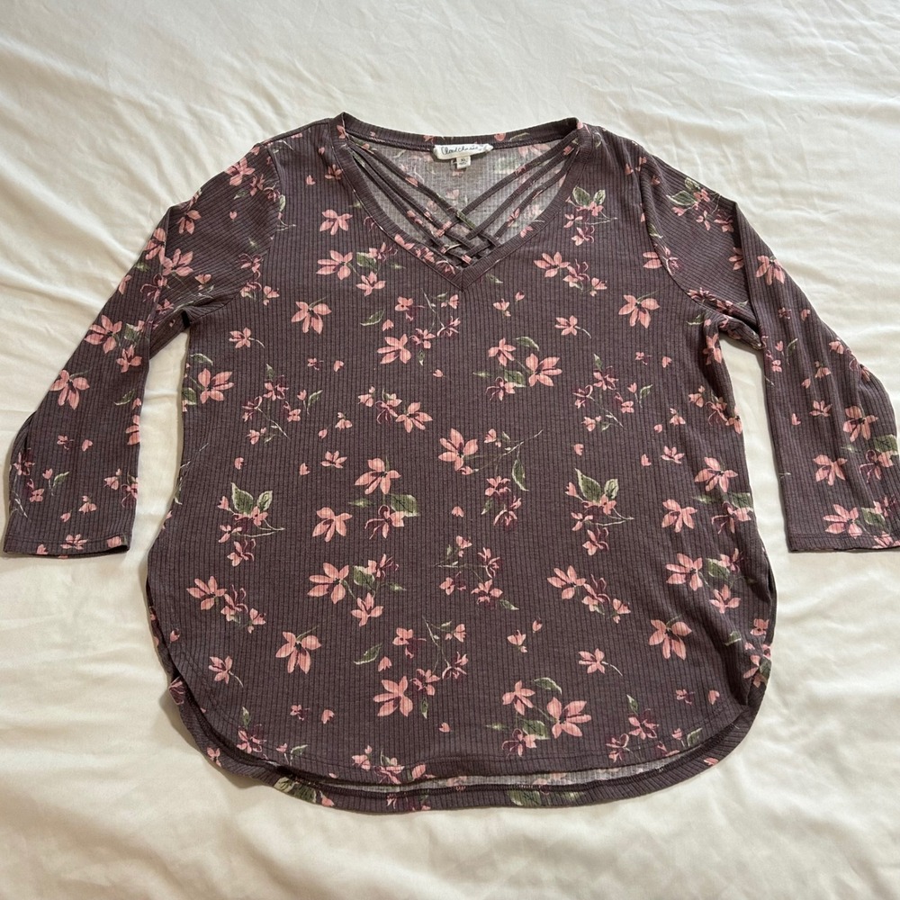 Cloudchaser Womens‎ XL Floral Rib Knit Lattice V-Neck 3/4 Sleeve Top Burgundy